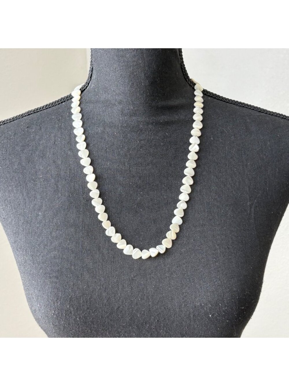 Vintage Mother of Pearl Necklace Heart Shaped Clasp Marked Silver but Gold Toned